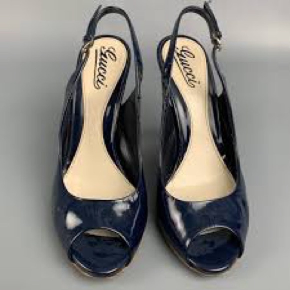 GUCCI Patent Platform Slingback Heels Navy Peep Toe Stiletto Pumps